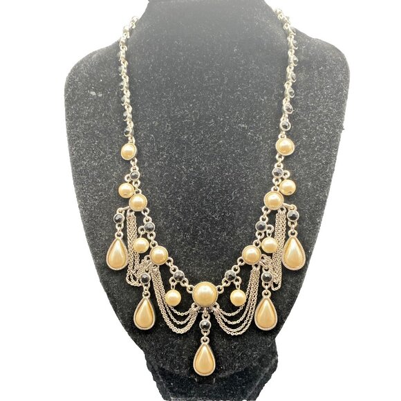 Unbranded Jewelry - Faux Pearl Festoon Necklace Black Rhinestone Bib Silver Tone 16+2" Art Deco